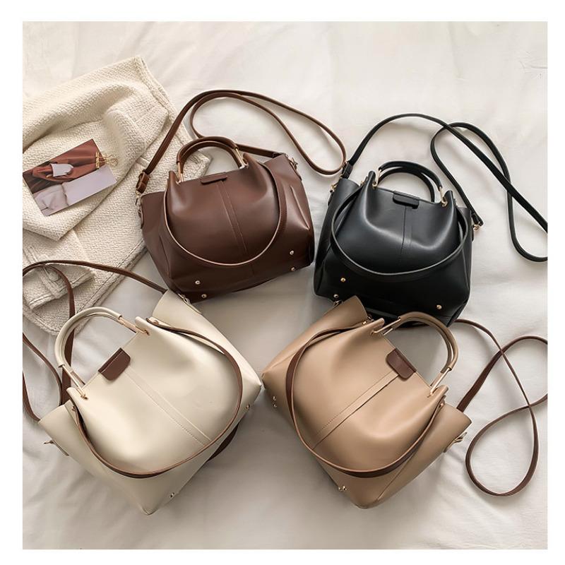 Damen Faux-Leder Eimer Tasche Neu Retro Minimalistisch Große Kapazität Reißverschluss Schulter Handtasche