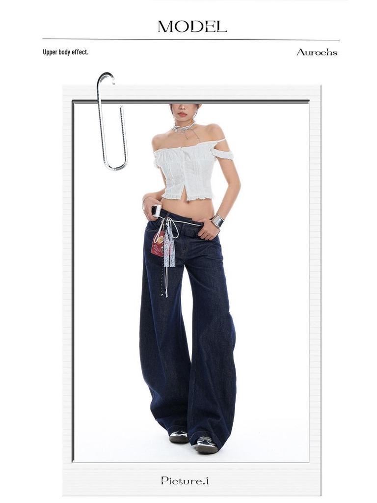 Women's Spliced Double Waistband Curved Leg Jeans - American Design, Loose Fit, Slimming, Wide Leg, for Spring & Autumn 2025