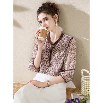 TUHUANG Women's Mulberry Silk Floral Print Blouse