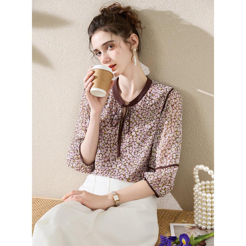 TUHUANG Women s Mulberry Silk Floral Print Blouse M