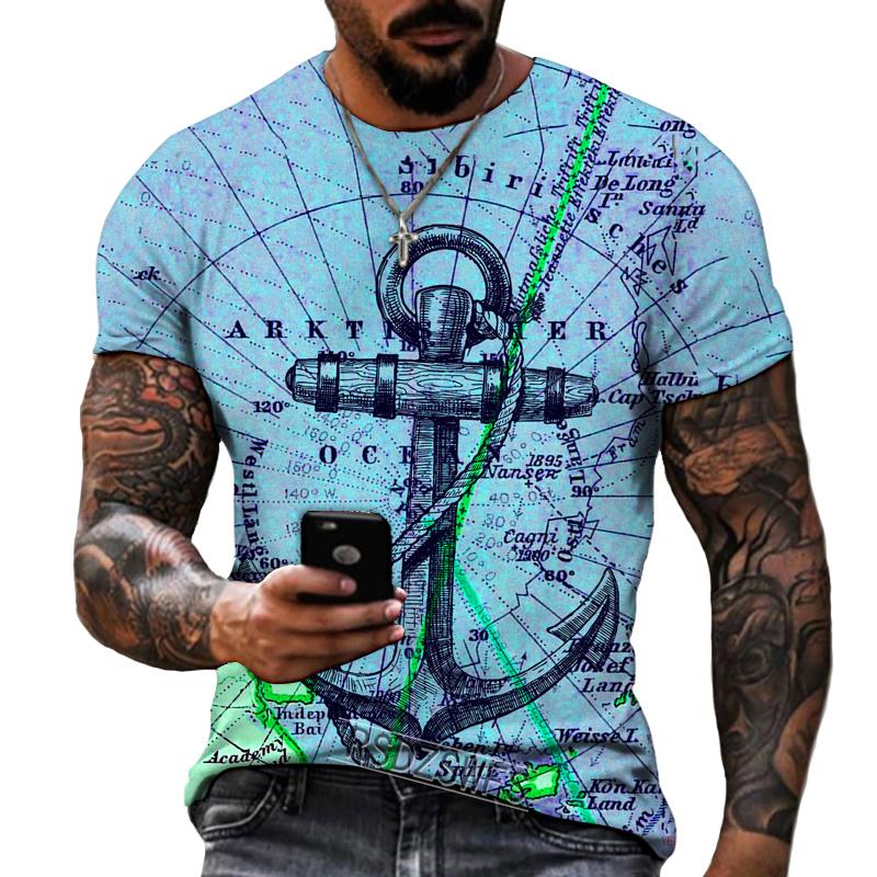 Summer Round Neck 3D Anchor Pattern Print Top Fashionable Casual Short Sleeved Men's T-shirts
