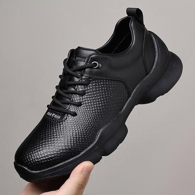 New Shoes for Men Leather Casual Shoes Cool Black Leisure Sport Shoes Thick-soled Lace-up Sneaker