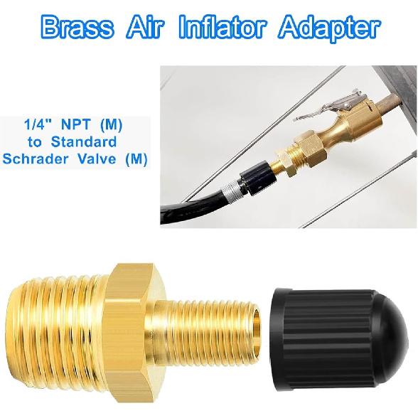 2Pcs Brass Air Inflator Adapter 1/4 NPT(M) to Standard Schrader Valve(M), Tan
