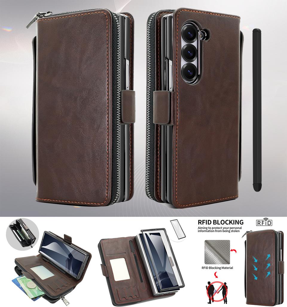 Premium Leather RFID Flip Case For Samsung Z Fold 8 Ultra 7 6 5 Zipper Wallet Card Slots With Screen Glass Protection Touch Pen