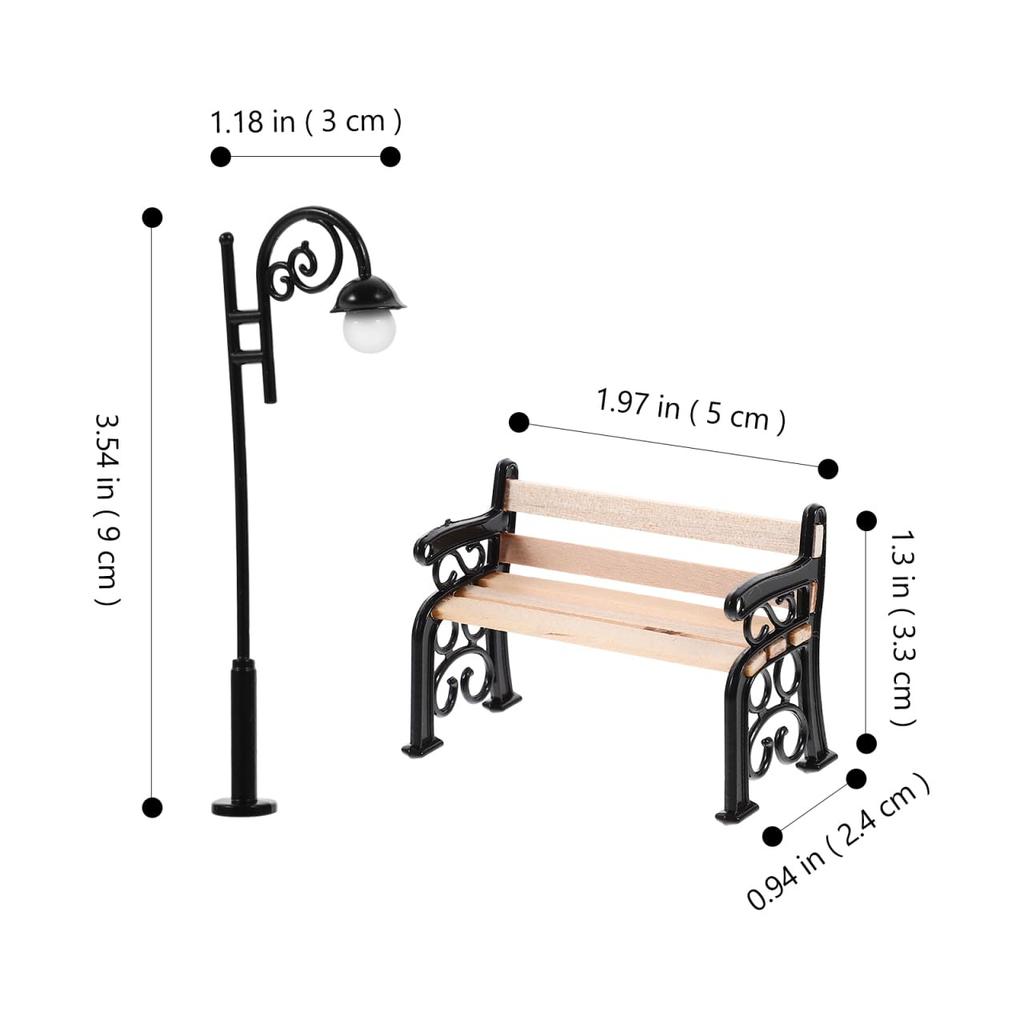 Ifundom Miniature Park Bench Set with Mini Street Light Post for DIY Dollhouse, Miniature Garden Furniture, 9.00 X 3.00 X 1.00cm, Desktop Decor