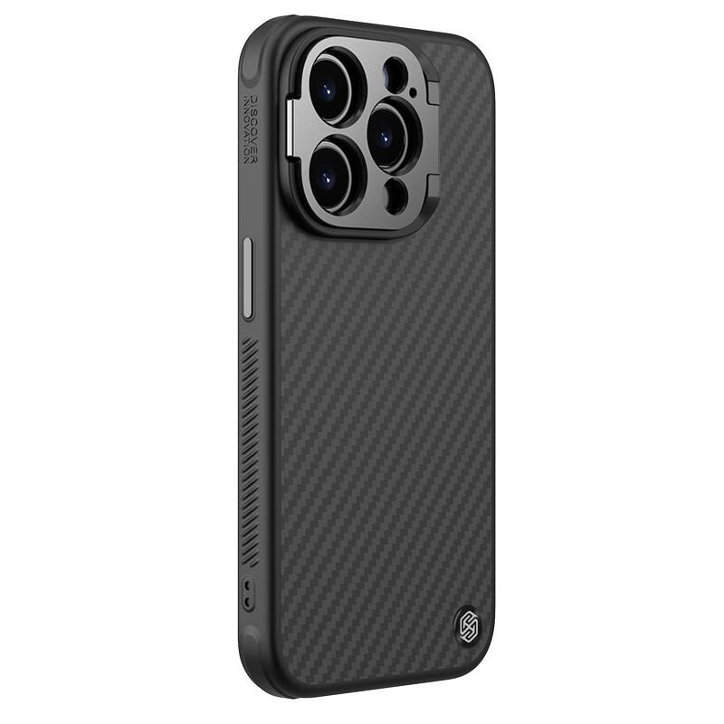 Kevlar Magnetic Case for IPhone 15 Pro, Carbon Fiber Full Lens Protection Anti-Drop Cover with Stand, Simple Lightweight Protective Case, Fiber Black