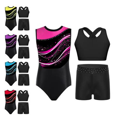 Girls Sleeveless Dance Outfit Color Block Leotard Rhinestone Waistband Shorts Cross Back Vest Set
