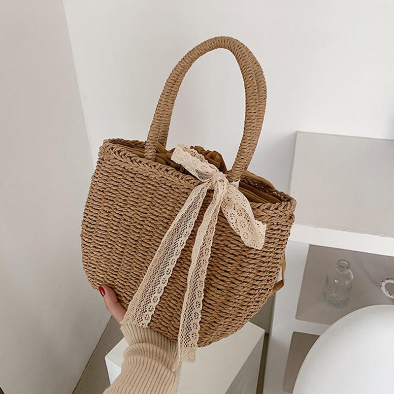 Summer New Lace Straw Handbag Female Large Capcacity Rattan Beach Bag Travel Bag Handmade Bucket Bag Tote MIT