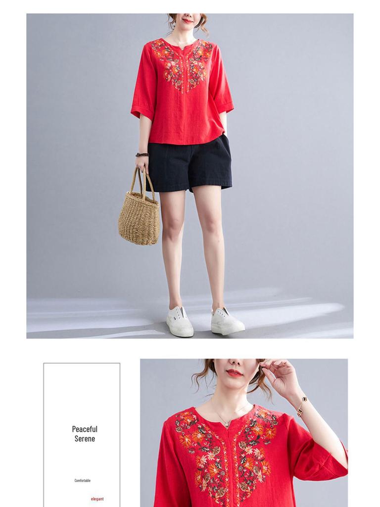 Ethnic Cotton Linen Slimming Top - Summer 2023 Women's Fashion