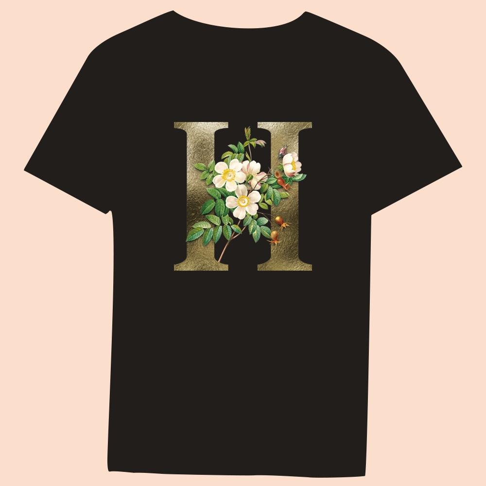 Gold Flower Letter 3D Printing Series Women's Black T-shirt Casual Large Top
