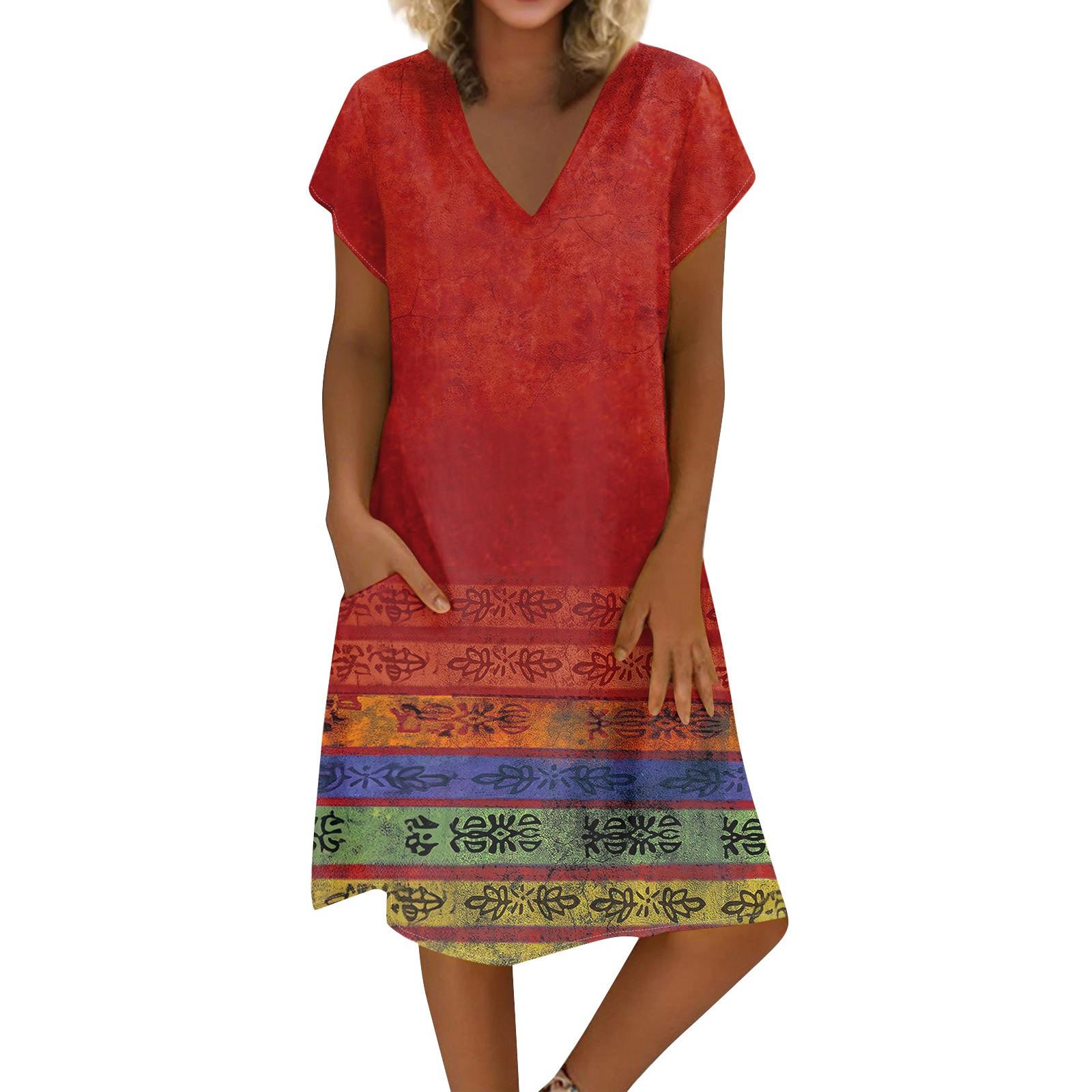 

Жіноча літня сукня з V-подібним вирізом, коротким рукавом, з принтом, з бавовни та льону XL винний