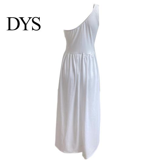 Lady Long Dress Evening One Shoulder Sleeveless Split Hem Solid Color Ruffle Pleated Ball Gown Off Prom Cocktail Party Maxi Women