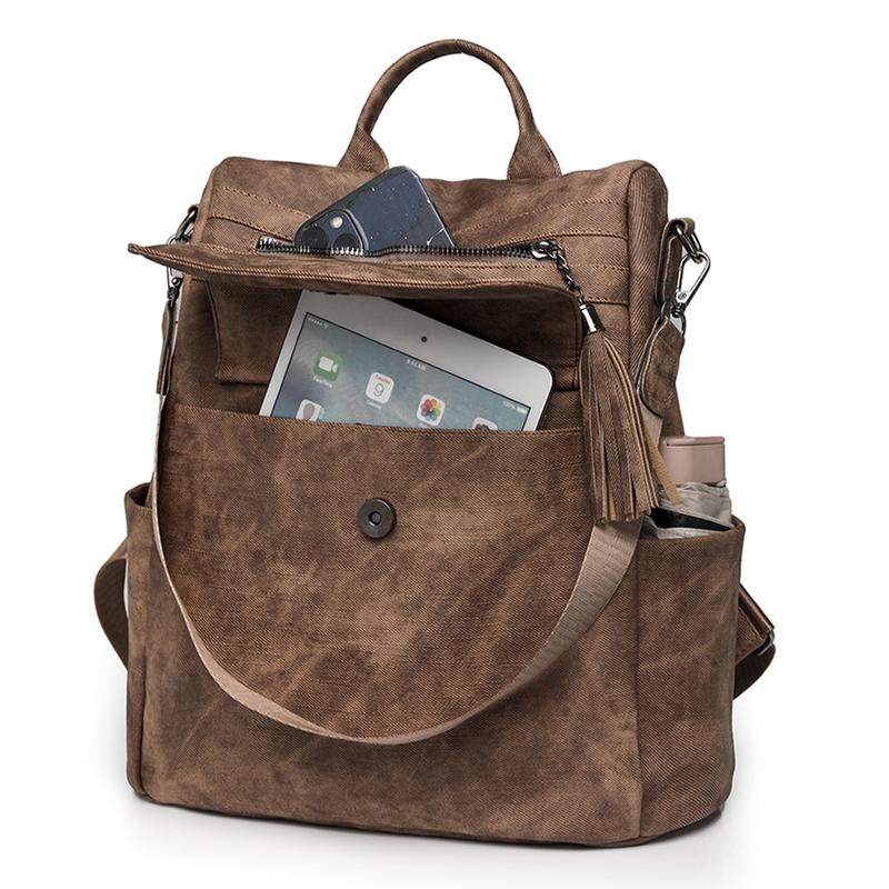 Women's Soft Leather Backpack Large Capacity Student Commuter Schoolbag Tassel Travel Backpack