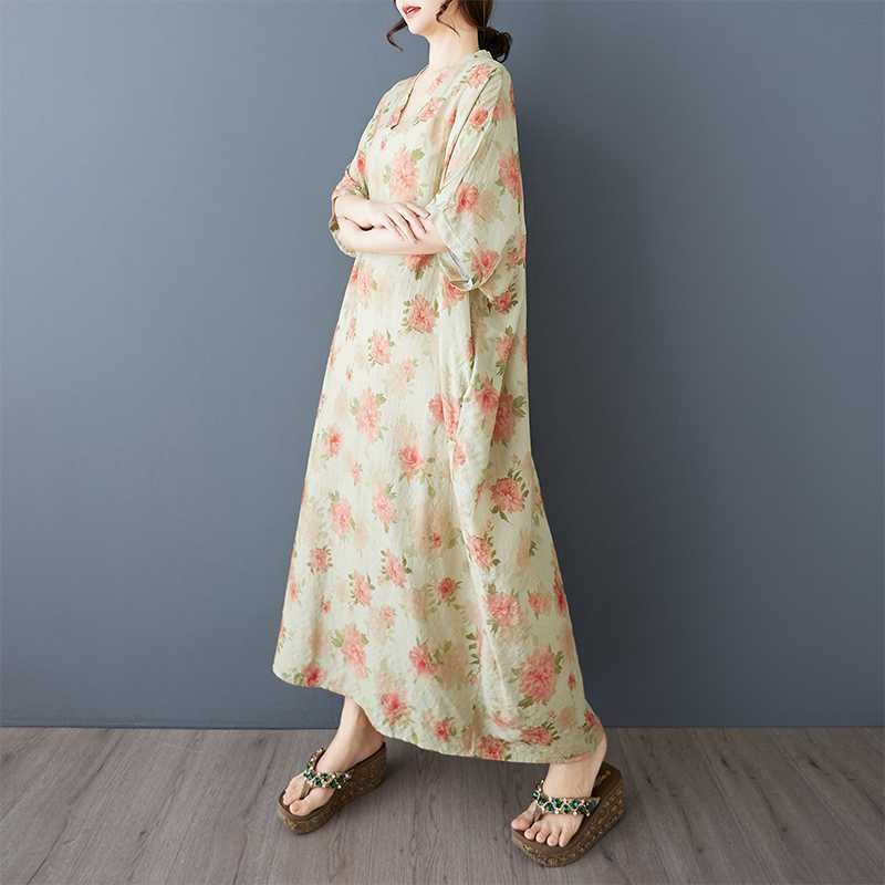 Summer Vacation Style V-neck Retro Cotton and Linen Dress