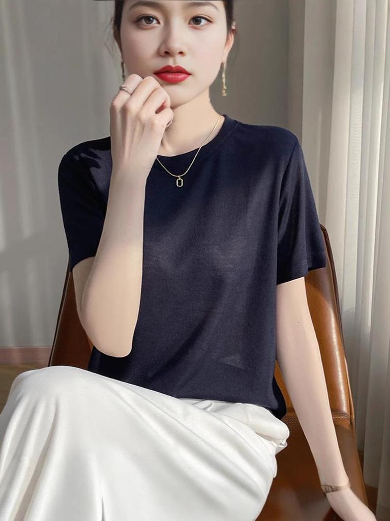 Women's Summer Tencel Lyocell Short Sleeve Round Neck Solid Color Loose Top