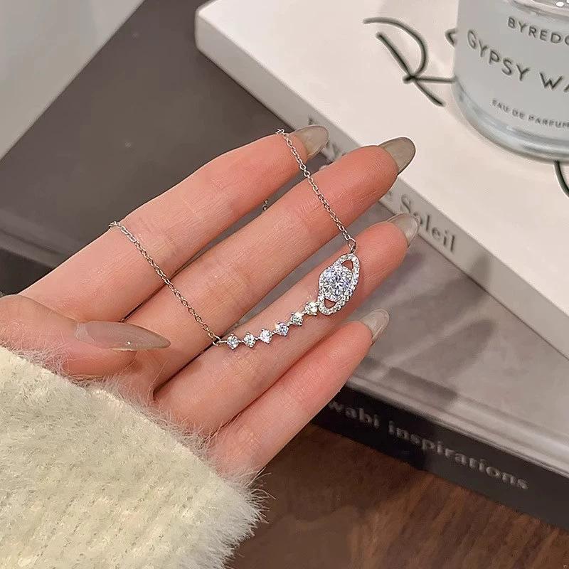 Full Diamond Silver Planet Pendant Necklace Women's Light Luxury Temperament Clavicle Chain Personalized Accessories