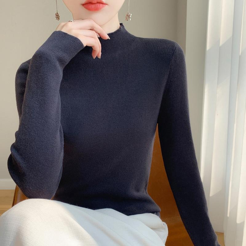 

Свитер из ультратонкой шерсти с полуворотником для женщин Осень-Зима Новый Простой Приталенный и Облегающий Пуловер Базовая Футболка XXL