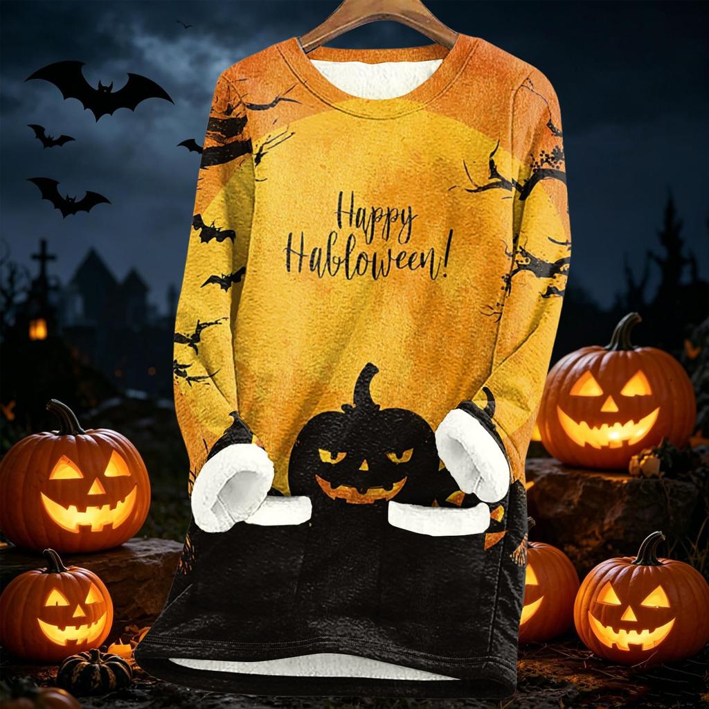 Women's Long Sleeve Pullover Fleece Lined Sweatshirt Cozy Thick Warm Lamb Wool Autumn Winter Top Halloween Print