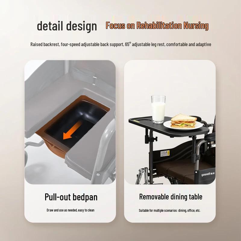 Yuwell H059B Reclining Manual Wheelchair with Commode and Dining Table