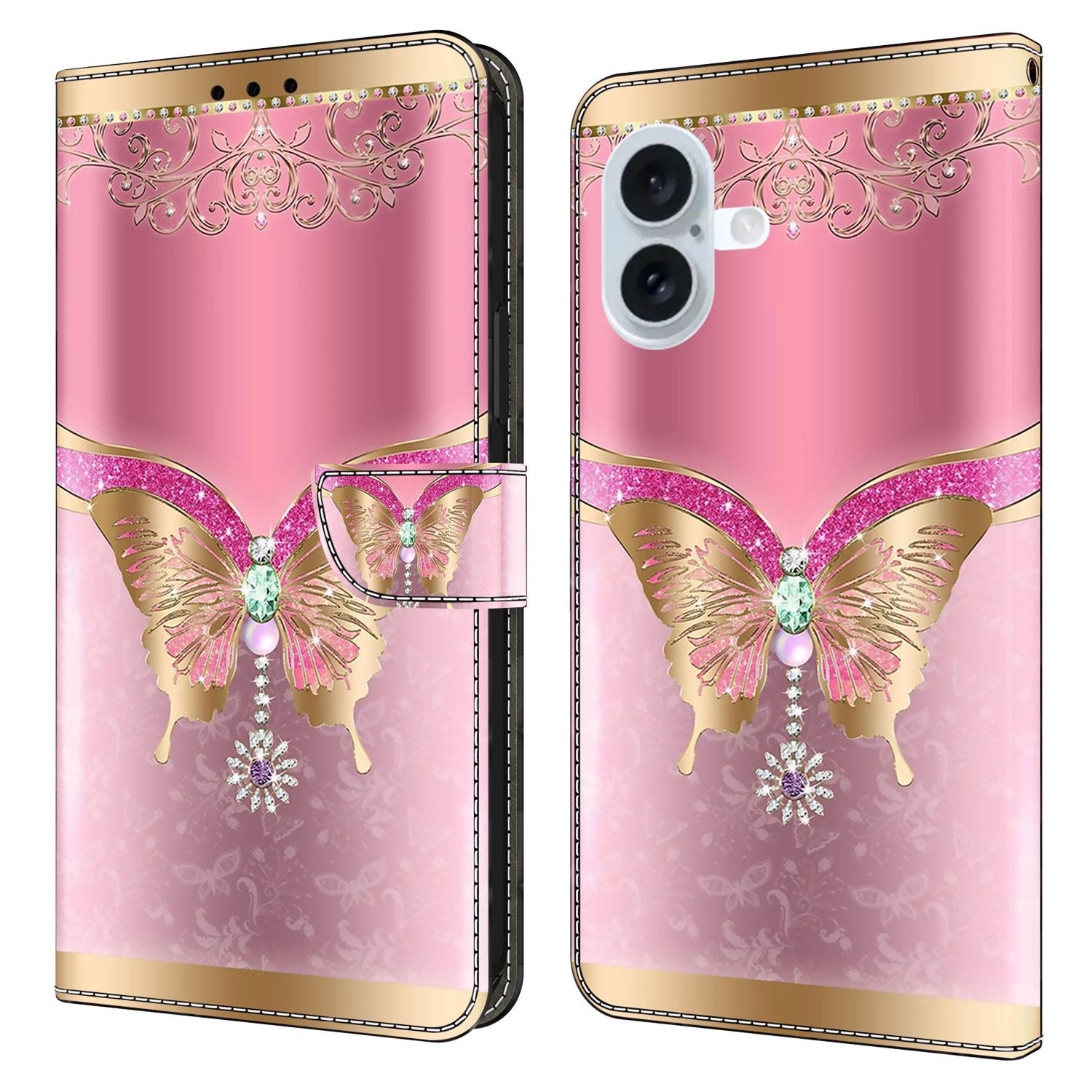 

Чехол для iPhone 17 с 3D-узором, кошелек из ПУ кожи, чехол для телефона с подставкой Pink/Gold Butterfly