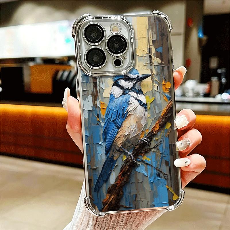 Bird Oil Painting Style Plating Phone Case For Iphone 16 17 Pro Max Air 16E 14 15 Plus 12 13 Mini Anti-Fall Airabag Cover