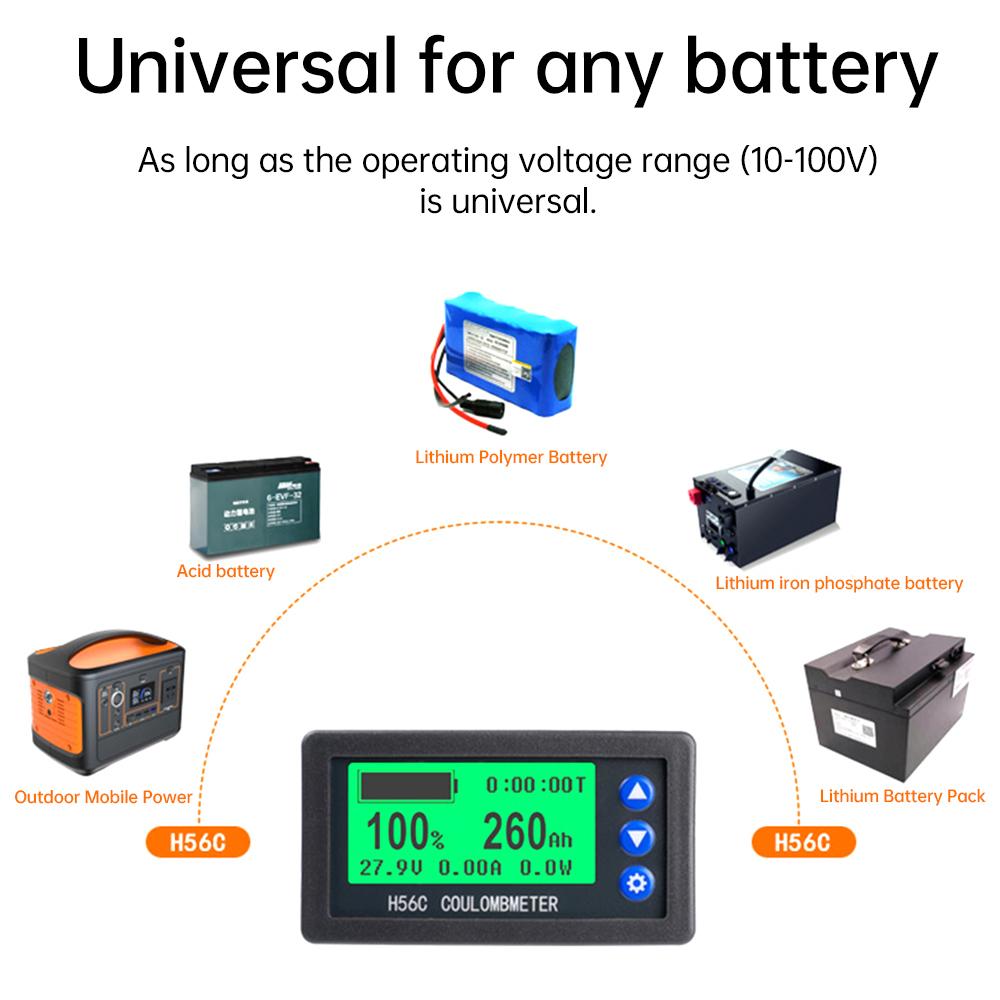 DC 10-100V 100A 200A 300A Medidor de Capacidade de Bateria Coulomb Monitor de Capacidade Testador Coulomb Voltímetro Amperímetro Wattímetro