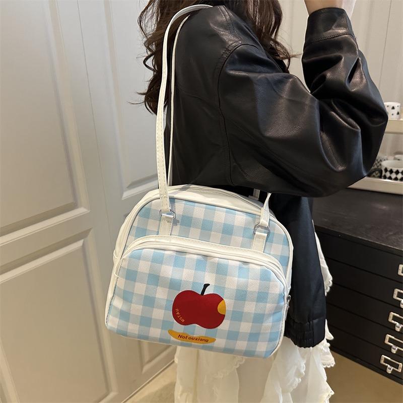 Cute contrasting color large-capacity bag women's summer new shoulder bag simple plaid student backpack