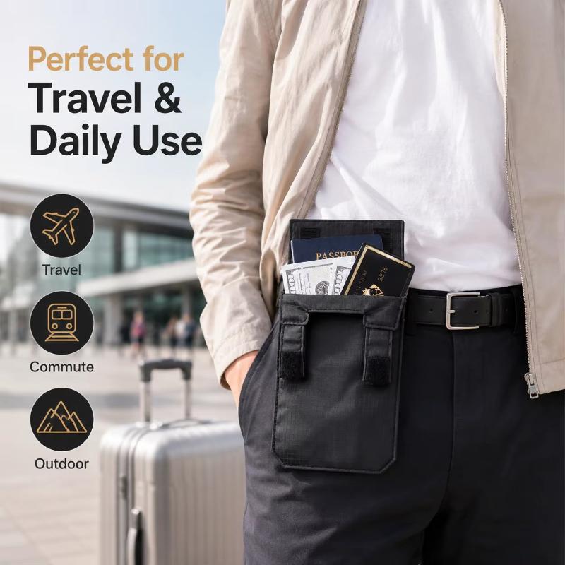 Slim Portable Anti-Theft Belt Wallet Black Hook-and-Loop Clip Hidden Pocket for Travel Outdoor Activities Daily Use
