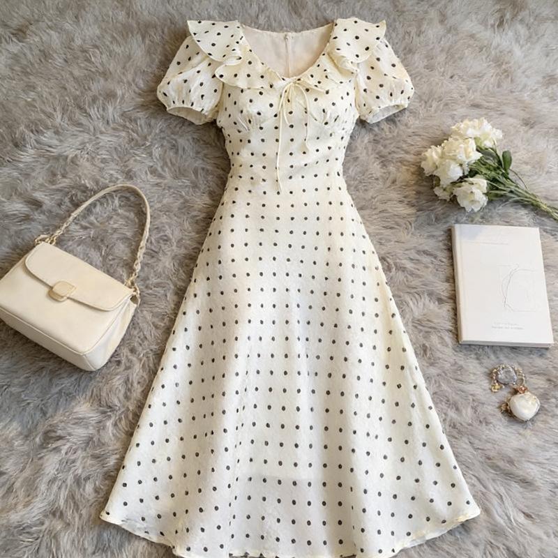 Large size gentle wind French ruffle edge polka dot dress women's summer new waist and thin white skirt