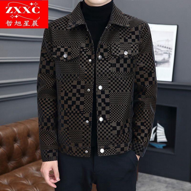 Autumn and winter new coat men's trendy brand ruffian handsome floral plaid leather jacket clothes men's trendy casual top