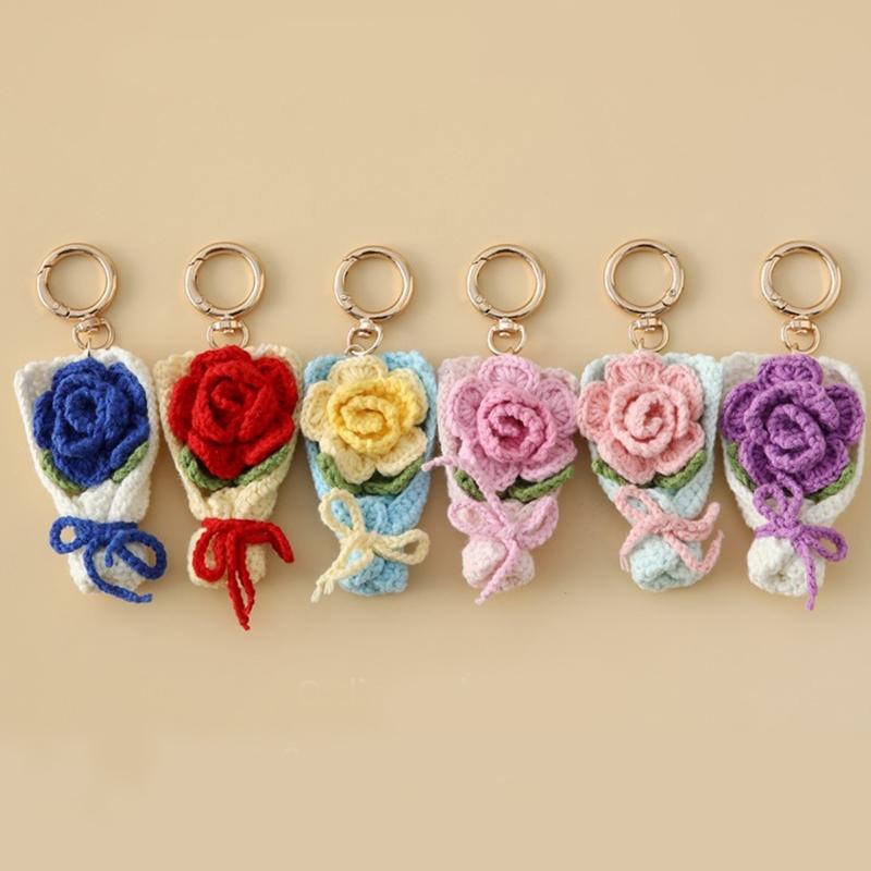 Crocheted Bouquet Handheld Flower Design Chic Bag Pendant Handmade Multiple Colors Gift Accessories 6 Colors