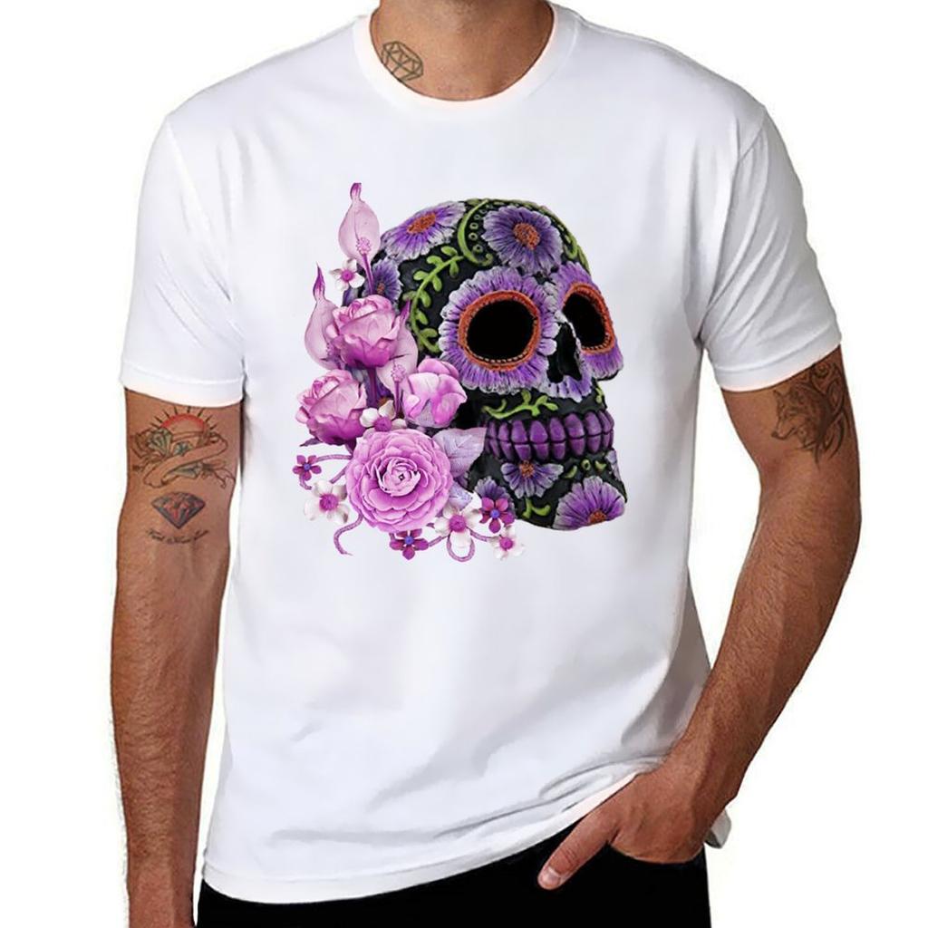 Pink Floral Black Sugar Skull Day Of The Dead Tshirt Perforunisexce Workout Short Sleeve Tee