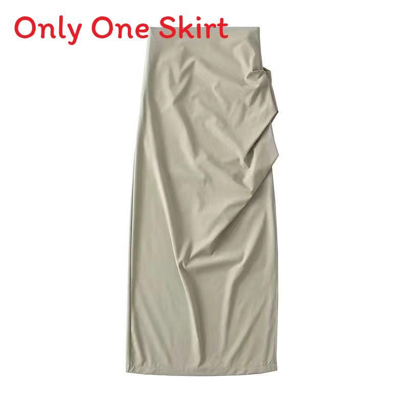 Cotton Blend High Waist Pleated Split Midi Skirt For Women Spring Summer