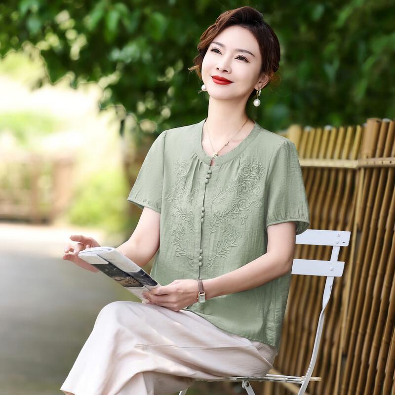 LangSha Women's Embroidered Cotton Linen Short Sleeve Top