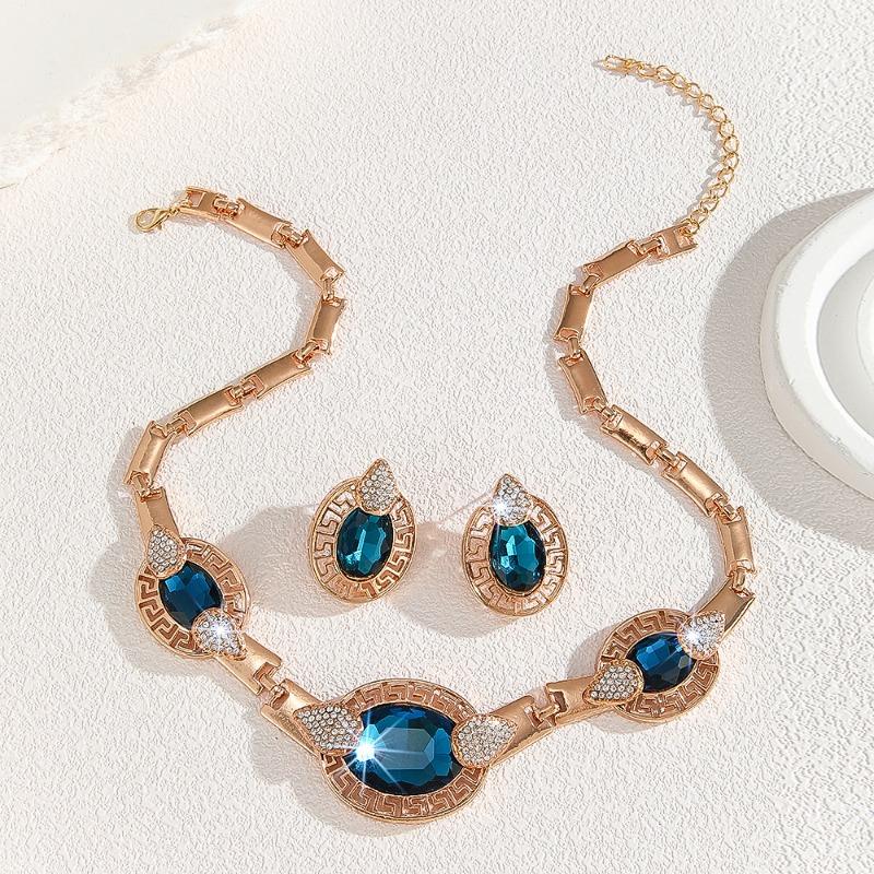 Gold Zinc Alloy with White Rhinestones Blue Crystal Necklace Earrings Set Women's Jewelry
