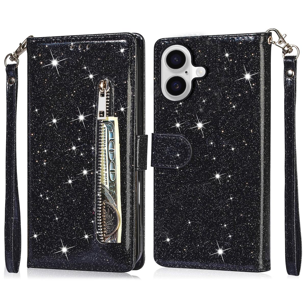 

Чехол-подставка для iPhone 16 с блестками, кожаный чехол для телефона с карманом на молнии Black