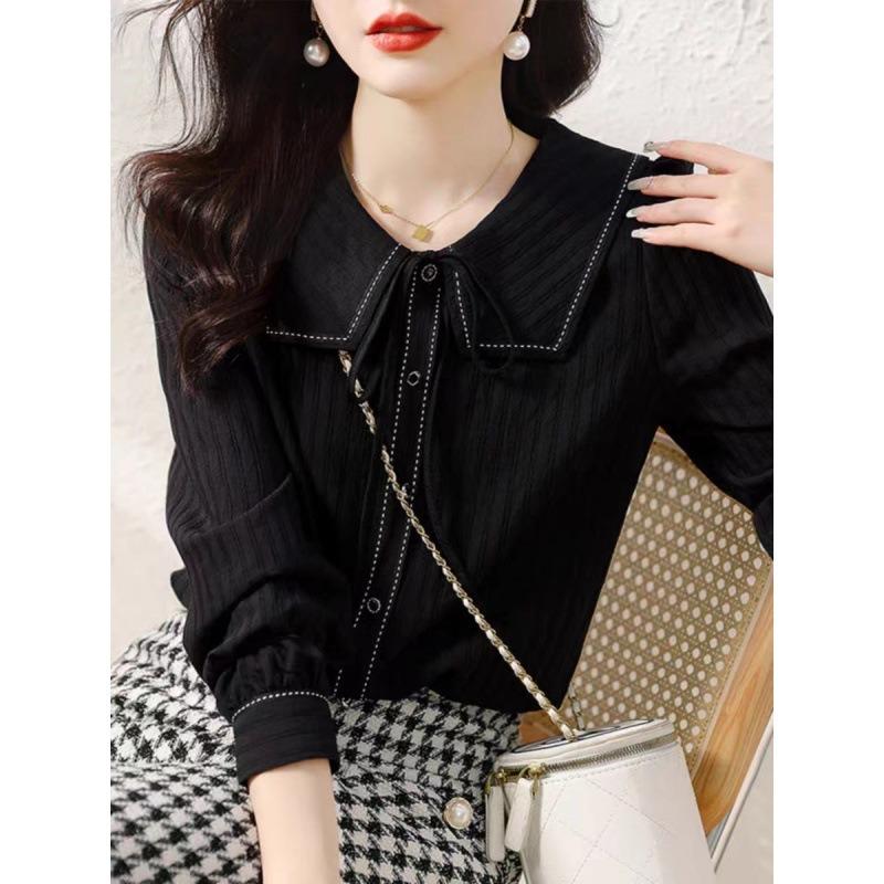 

Women Bow Tie Doll Collar Blouse Long Sleeve Contrast Stitch Casual Shirt L чёрный