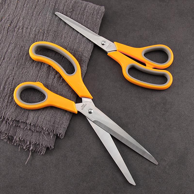 Stainless Steel Scissors with Two-Color Rubber Handle for Household and Office Sewing.