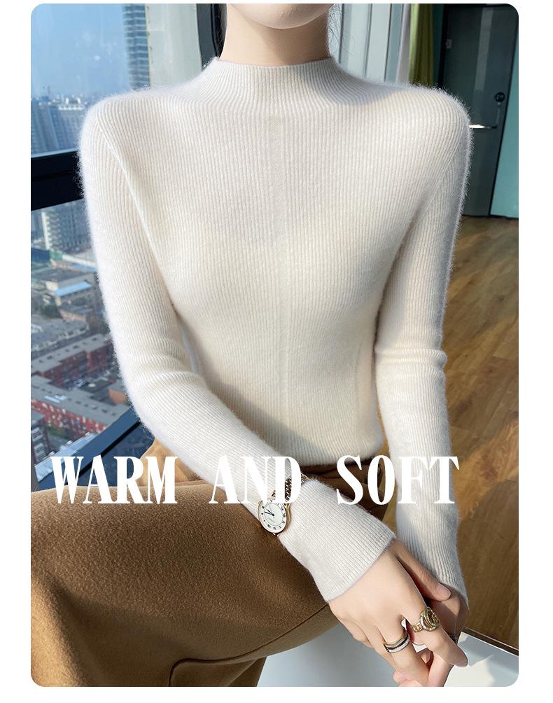 Women's Slim-Fit Wool Sweater - Autumn/Winter, Versatile Cashmere Knit, Half-High Collar