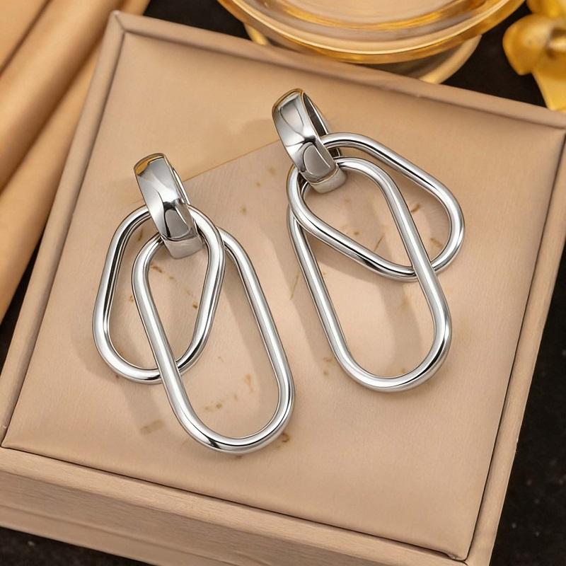 Stainless Steel Metal Double Oval Drop Earrings for Women Fashion Gold Silver Color U Shaped Geometric Earrings Jewelry Gifts