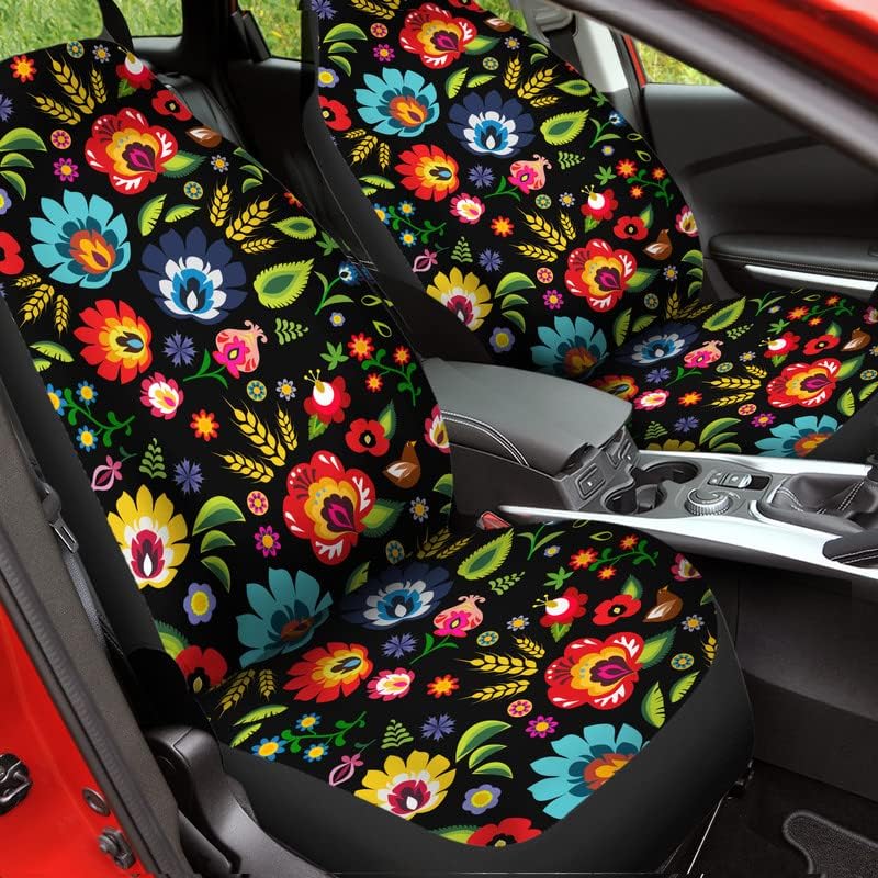 Bulopur Black Boho Floral Car Seat Covers Front Seats Only for Women Men Seat Covers w/Organizer Pocket for Cars SUV Truck Sedan