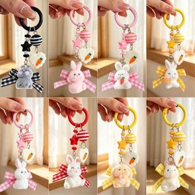 Bowknot Bunny Flocked Pendant: Cute Miffy Rabbit Keychain with Lanyard