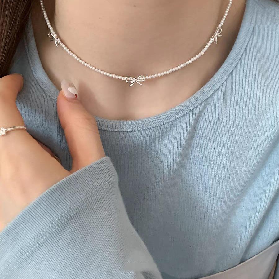 LATS Fashion Sweet Bow Pearl Necklace for Women Girls Sparkling Delicate Ribbon Bowknot Beaded Chain Chokers Party Zircon Gift