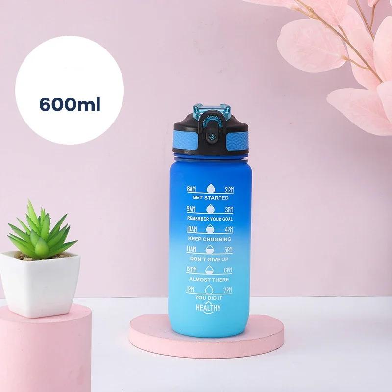 600 ml farebná fľaša na vodu Motivačná fľaša na pitie Športová fľaša na vodu s časomierou Prenosné opakovane použiteľné plastové poháre