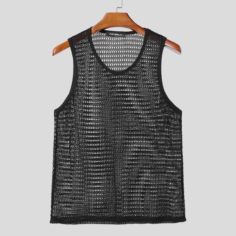 

INCERUN Men O Neck Sleeveless Mesh See Through Hollow Webbing Tank Tops S чёрный