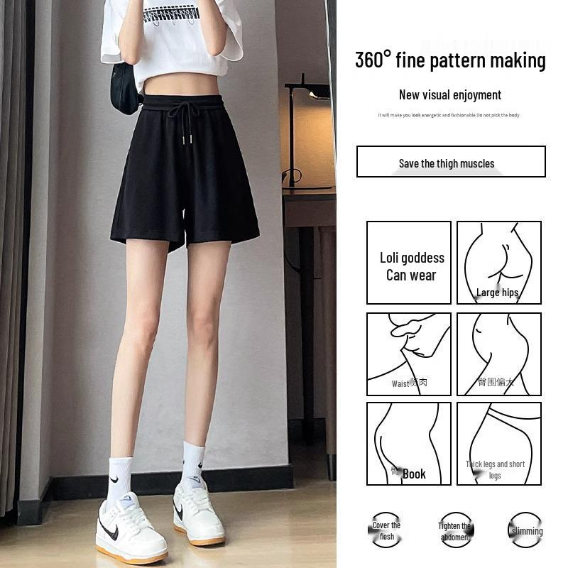 

Petite Women s High-Waisted Ice Silk A-Line Shorts - Summer Casual Wide-Leg 5-Point White Sport Shorts S (80-95 jin) чорний