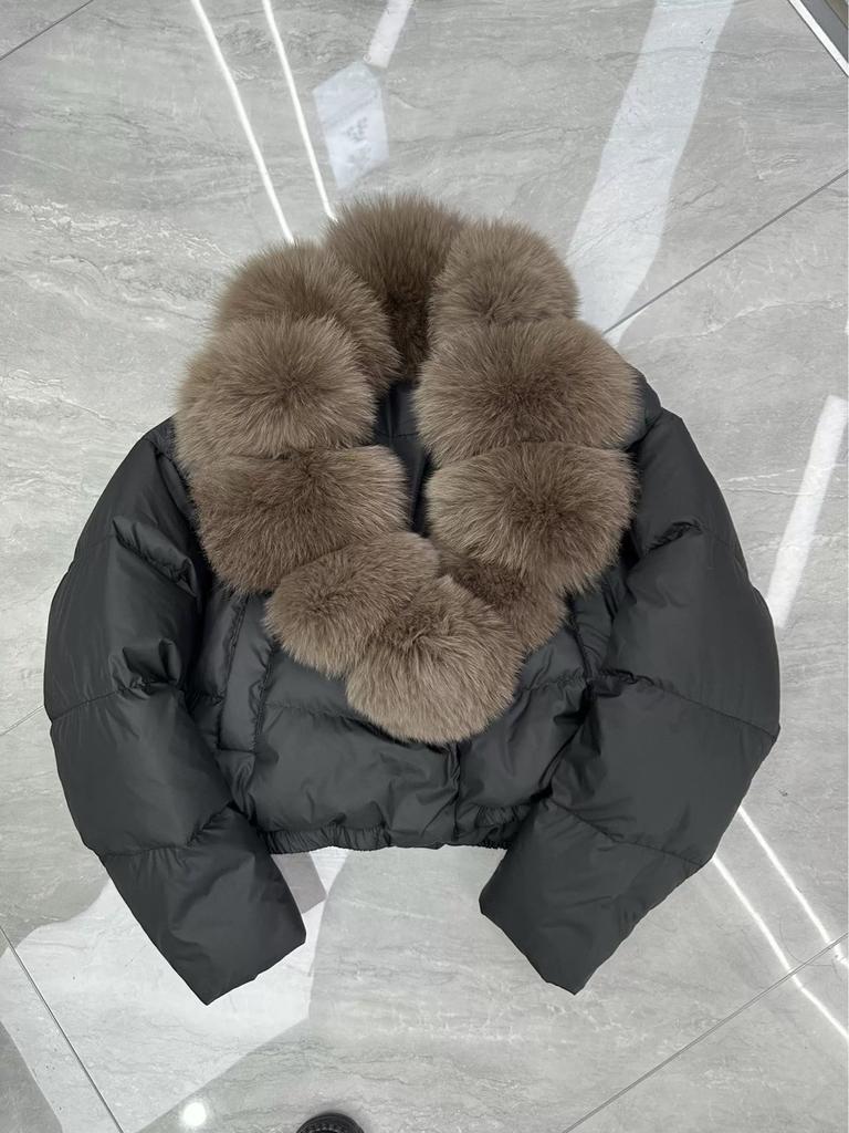 Damen Kurzpufferjacke mit Kragen aus Kunstfell, Stepp-Wintermantel-Set, Drei Farben verfügbar