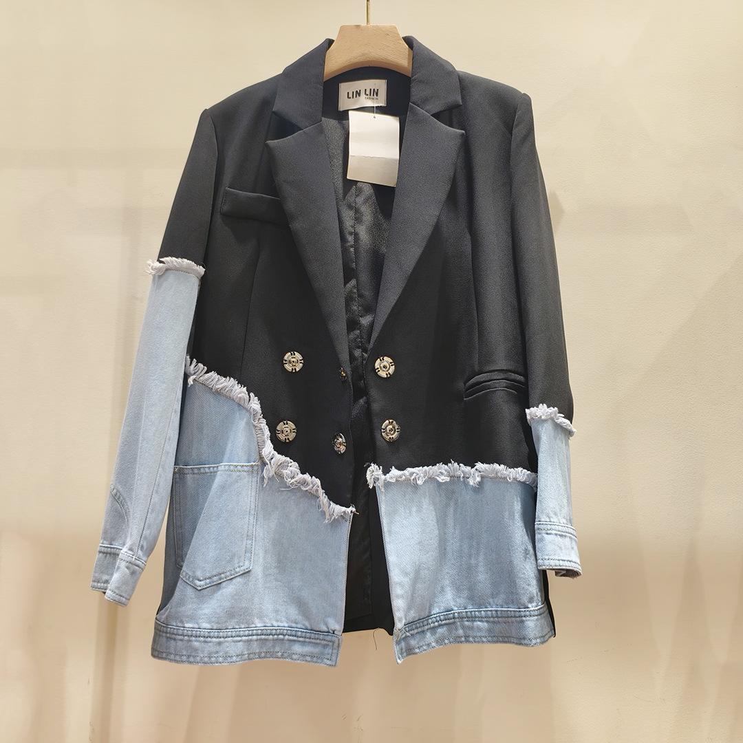 Autumn/winter new elegant blazer patchwork denim jacket with double-breasted frayed irregular fashion jackets One size fits all