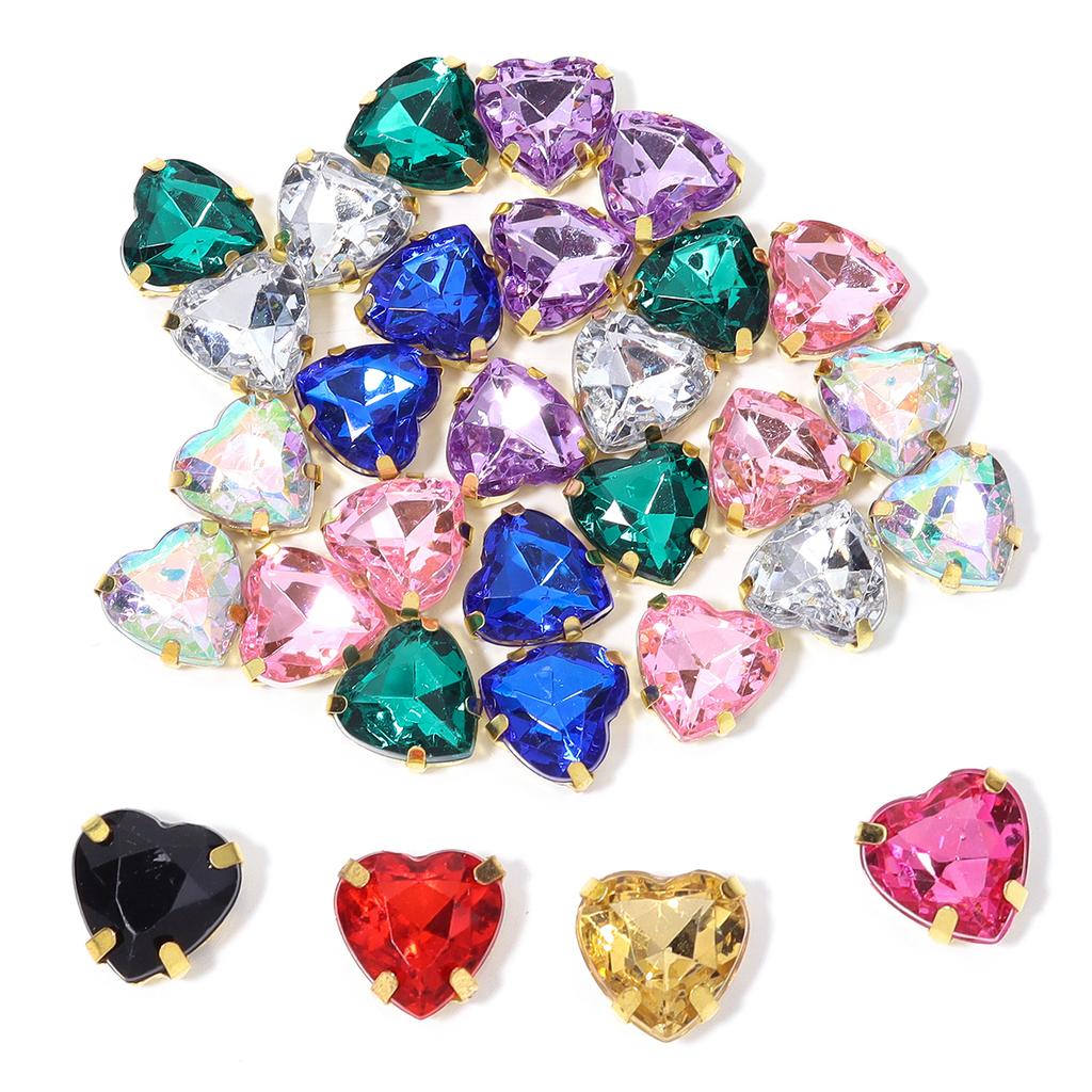 30pcs/lot 10/12mm Heart Shape Acrylic Sew On Rhinestones Stainless Steel Golden Claw Beads For DIY Clothes Jewelry Decoration