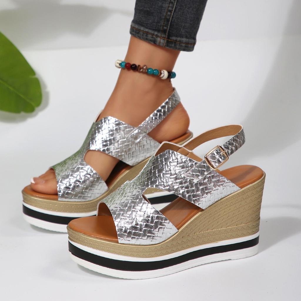 Foreign trade soft leather sandals women's thick-soled wedges 2025 summer matte one-word buckle with waterproof table Roman sandals